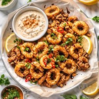 Fried Calamari with Remoulade Sauce Drizzled with Balsamic Syrup