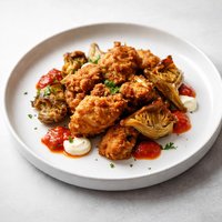 Fried Chicken and Artichokes with Salsa Brava