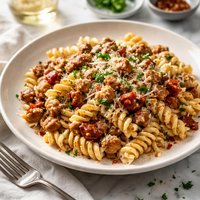 Fusilli with Sausage Sun Dried Tomatoes and Vermouth Cream Sauce