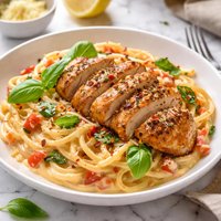 Garlic Basil Chicken with Red Roasted Pepper Alfredo Spaghetti