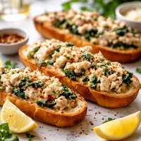 Garlic Bread Topped with Crab Meat and Spinach