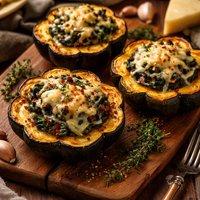 Garlic Chard Stuffed Acorn Squash with Gruyere Cheese