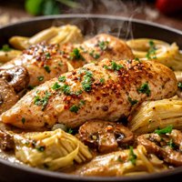 Garlic Chicken with Artichokes and Mushrooms