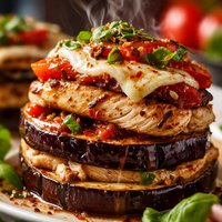 Garlic Infused Chicken Eggplant and Roasted Red Peppers Stacks
