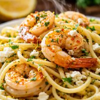 Garlic Prawn Lemon and Feta Spaghetti