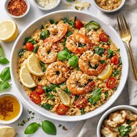 Garlic Prawns with Risoni Tomato Artichoke