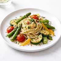 Garlic Spaghetti with Pan Fried Vegetables