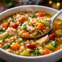 Garlicky Barley Vegetable Chicken Soup for One or Two