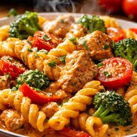 Gemelli with Chicken and Vegetables in Tomato Basil Cream Sauce
