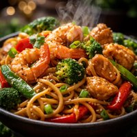 Ginger Chicken Shrimp Stir Fry with Sesame Noodles