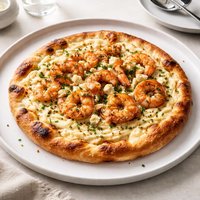 Goat Cheese Mashed Potato Pizza with Savory Shrimp Topping