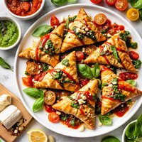 Goat Cheese Turnovers with Tomato Coulis and Basil Puree