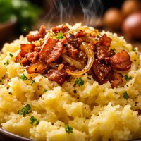 Golden Mashed Potatoes with Fried Onions and Bacon