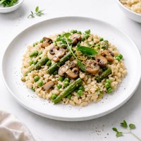 Golden Mushroom Pea and Asparagus Risotto Vegan