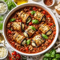 Gorgonzola Stuffed Eggplant Rolls with Mushroom Tomato Sauce