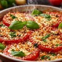Gratin of Tomatoes with Basil Asiago and Parmesan Cheeses