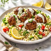 Greek Meatballs Feta Yogurt Sauce and Lemon Couscous