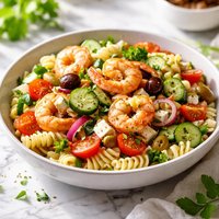 Greek Pasta Salad with Shrimp Olives