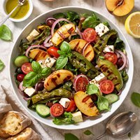 Greek Peach and Grilled Green Pepper Salad