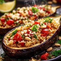 Greek Pilaf Stuffed Eggplant