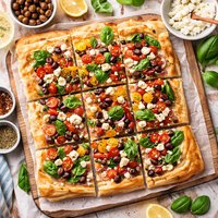 Greek Pizza on Phyllo with Feta and Tomatoes
