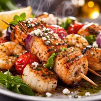 Greek Salmon and Seafood Skewers