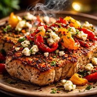 Greek Style Pork Chops with Roasted Bell Pepper and Feta