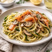 Green and White Linguini with Smoked Salmon and Mushroom Sauce