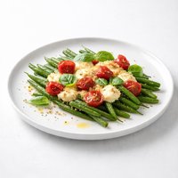 Green Bean Gratinate with Cherry Tomatoes Mozzarella and Basil