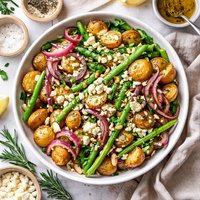 Green Bean Onion Roast Potato Salad with Rosemary Vinaigrette