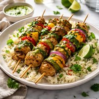 Green Curry Chicken N Veg Kebabs Over Rice