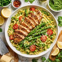 Grilled Chicken Asparagus Pasta with Parsley Pesto