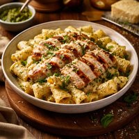 Grilled Chicken Rigatoni with Pesto Alfredo Sauce