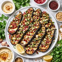 Grilled Eggplant Drizzled with Multiple Middle Eastern Flavours