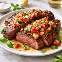 Grilled Garlic Steak with Tomato and Bread Topping