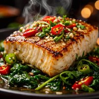 Grilled Halibut with Spinach and Spicy Thai Chiles