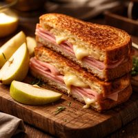 Grilled Ham and Cheese Sandwich with Fresh Pears