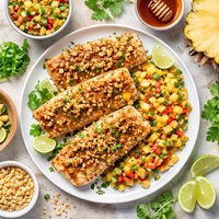 Grilled Mahi Mahi W Honey Macadamia Crust and Pineapple Ginger