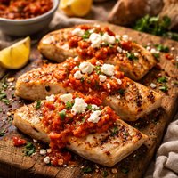 Grilled Mahi Mahi with Roasted Bell Pepper Sauce and Feta Cheese
