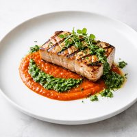 Grilled Mahi Mahi with Roasted Pepper Sauce and Cilantro Pesto