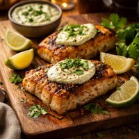 Grilled Marinated Halibut with Picante Cilantro Mayo