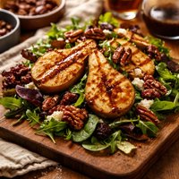 Grilled Pears with Candied Pecans Over Mixed Greens