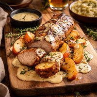 Grilled Pork Tenderloin with Apples and Brandy Cream Sauce