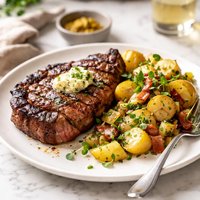 Grilled Rib Eye of Beef with Warm Potatoes Bacon and Leeks