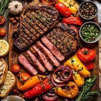 Grilled Rib Eye Steaks with Roasted Peppers