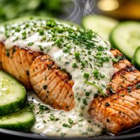 Grilled Salmon with Chive and Dill Sauce and Cucumbers