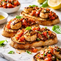 Grilled Scallops Topped with Bruschetta on Toast