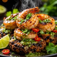 Grilled Shrimp with Coriander Sauce and Black Bean Cakes