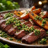 Grilled Skirt Steak and Sweet Potatoes with Herb Sauce