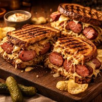 Grilled Split Kielbasa Reubens with Warm Mustard Sauerkraut